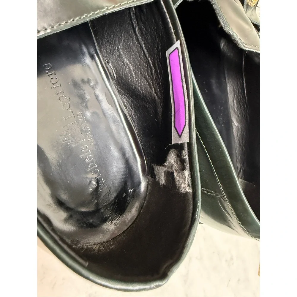 Michele Lopriore Milano Green Leather Horsebit Loafers Gold Buckle Made in Italy